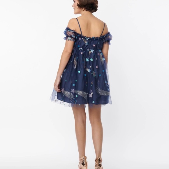 NWT Navy Glitter Off-The-Shoulder Babydoll Dress Great for The Eras Tour! - Picture 3 of 5